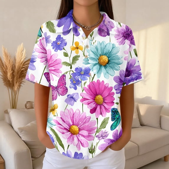 Womens Plus Size Casual Henley Waffle Knit Button-Up Top Short Sleeve Polo Shirt