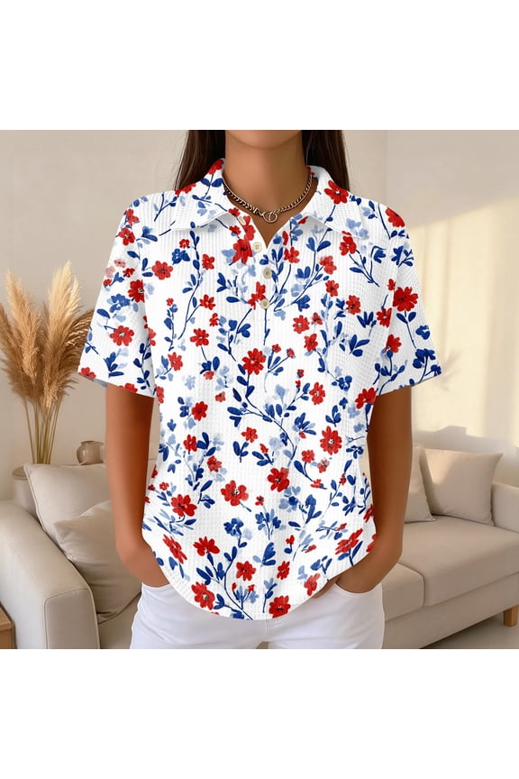 Womens Plus Size Casual Henley Waffle Knit Button-Up Top Short Sleeve Polo Shirt