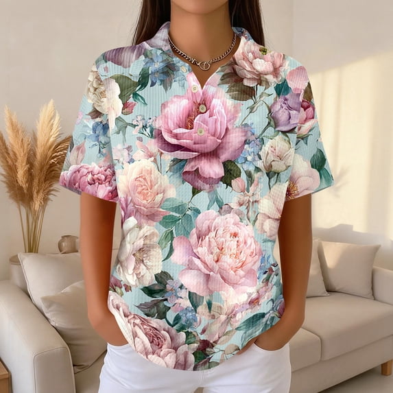 Womens Plus Size Casual Henley Waffle Knit Button-Up Top Short Sleeve Polo Shirt