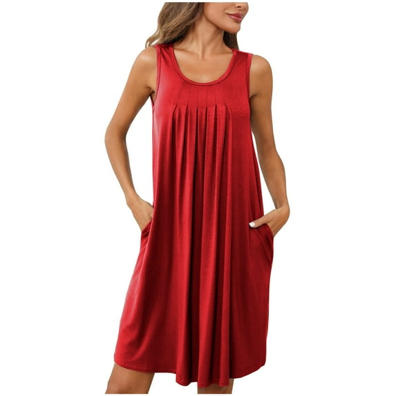 Womens Plus Size Casual Loose Dress Sleeveless Scoop Neck Solid Color Sundress With Pocket
