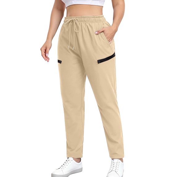Womens Plus Size Casual Sports Pants Solid Color Elastic Waist Drawstring Pockets Zipper Comfy Soft Fabric Loungewear Gym Daily Everyday Ladies Outfit Beige 5XL