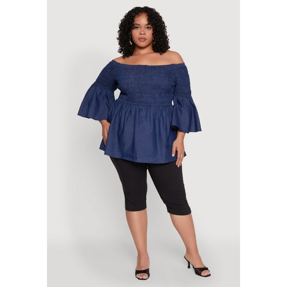 Womens Plus Size Chambray Off The Shoulder Blouse
