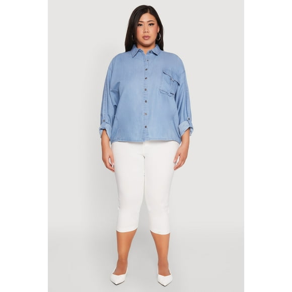 Womens Plus Size Chambray Tabbed Pocket Shirt