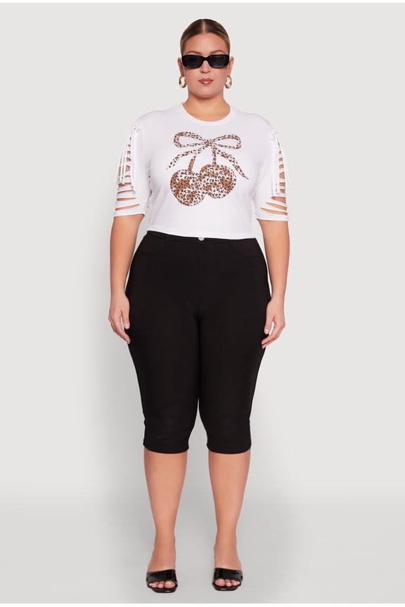 Womens Plus Size Cherry Animal Print Crop Top with Slashed Sleeves