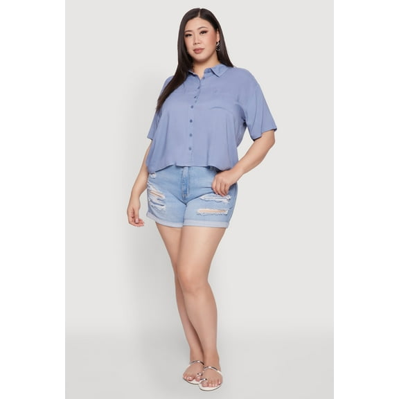 Womens Plus Size Chic Boxy Button Front Short Sleeve Shirt