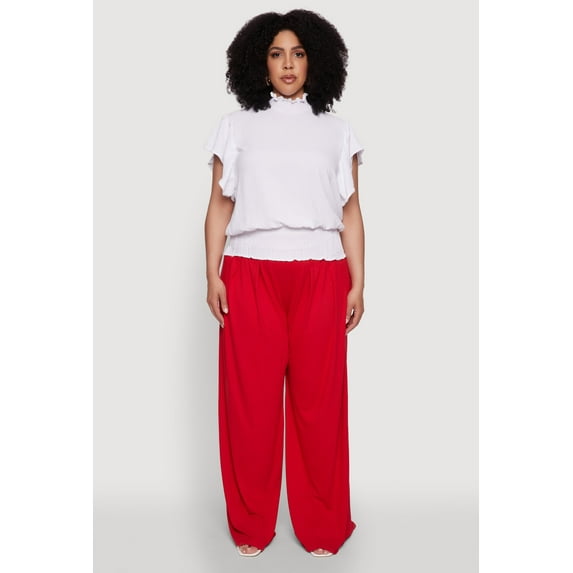 Womens Plus Size Chic Crepe Knit Flutter Sleeves Mock Neck Blouse