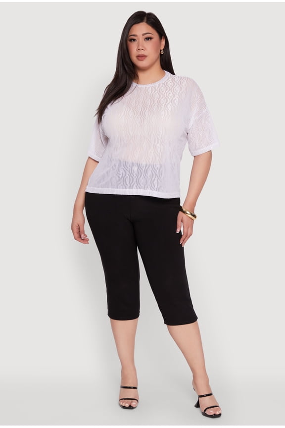 Womens Plus Size Chic Sheer Mesh Blouse with Crew Neck and Short Sleeves