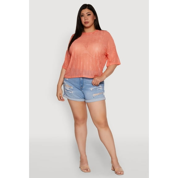 Womens Plus Size Chic Sheer Mesh Blouse with Crew Neck and Short Sleeves