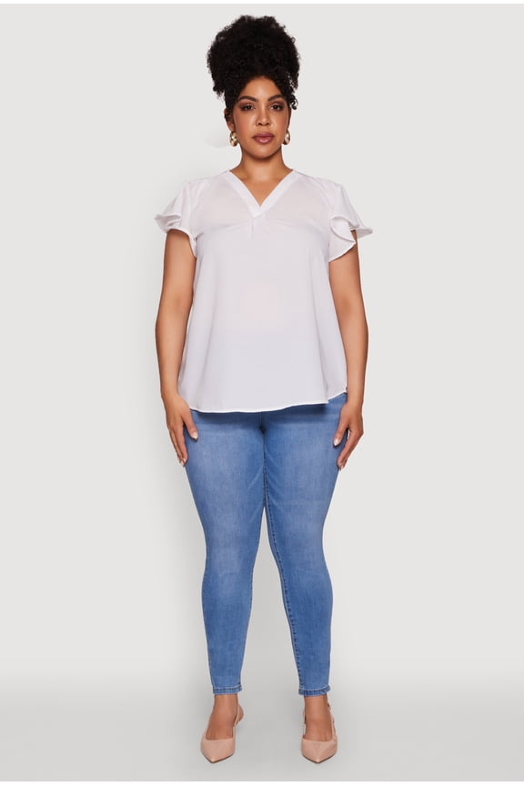 Womens Plus Size Chic V Neck Flutter Sleeve Blouse