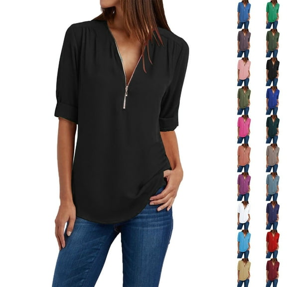 Womens Plus Size Chiffon Blouse Long Sleeve Zipper Front Loose Flowy Comfort Shirt