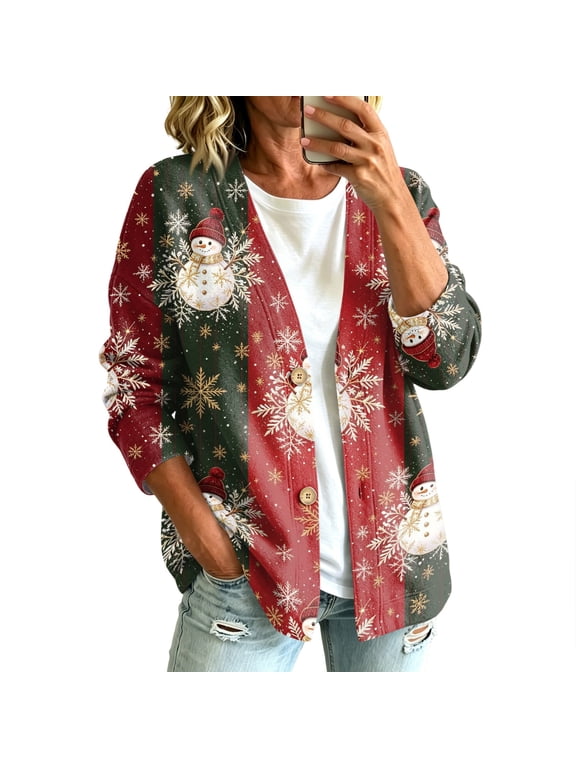 Womens Plus Size Christmas Cardigan Sweaters Lightweight Long Sleeve Festive Holiday Sweater for Fall and Winter Plush Work casual Business Travel Photo Shoot Business Casual Dark Green S