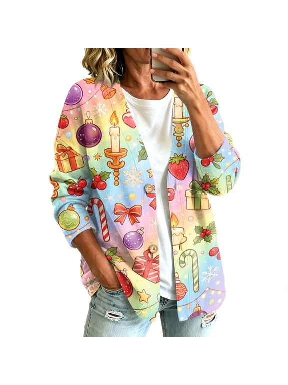 Womens Plus Size Christmas Cardigan Sweaters Lightweight Long Sleeve Festive Holiday Sweater for Fall and Winter Plush Work casual Business Travel Photo Shoot Business Casual Pink S