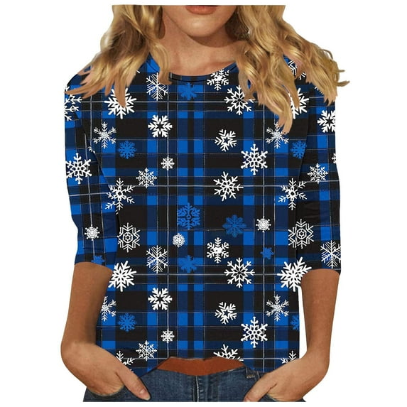 Womens Plus Size Christmas Shirts Xmas Tree Merry and Bright Print 3/4 Sleeve Tops Basic Tee Shirt