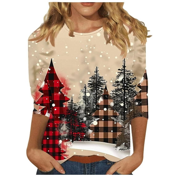 Womens Plus Size Christmas Shirts Xmas Tree Merry and Bright Print 3/4 Sleeve Tops Basic Tee Shirt