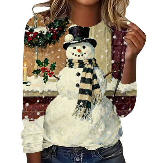 Womens Plus Size Christmas Tops Colorful Graphic Tee Shirts Crew Neck Long Sleeve Holiday Xmas Funny T-Shirts (XL, Multicolor)