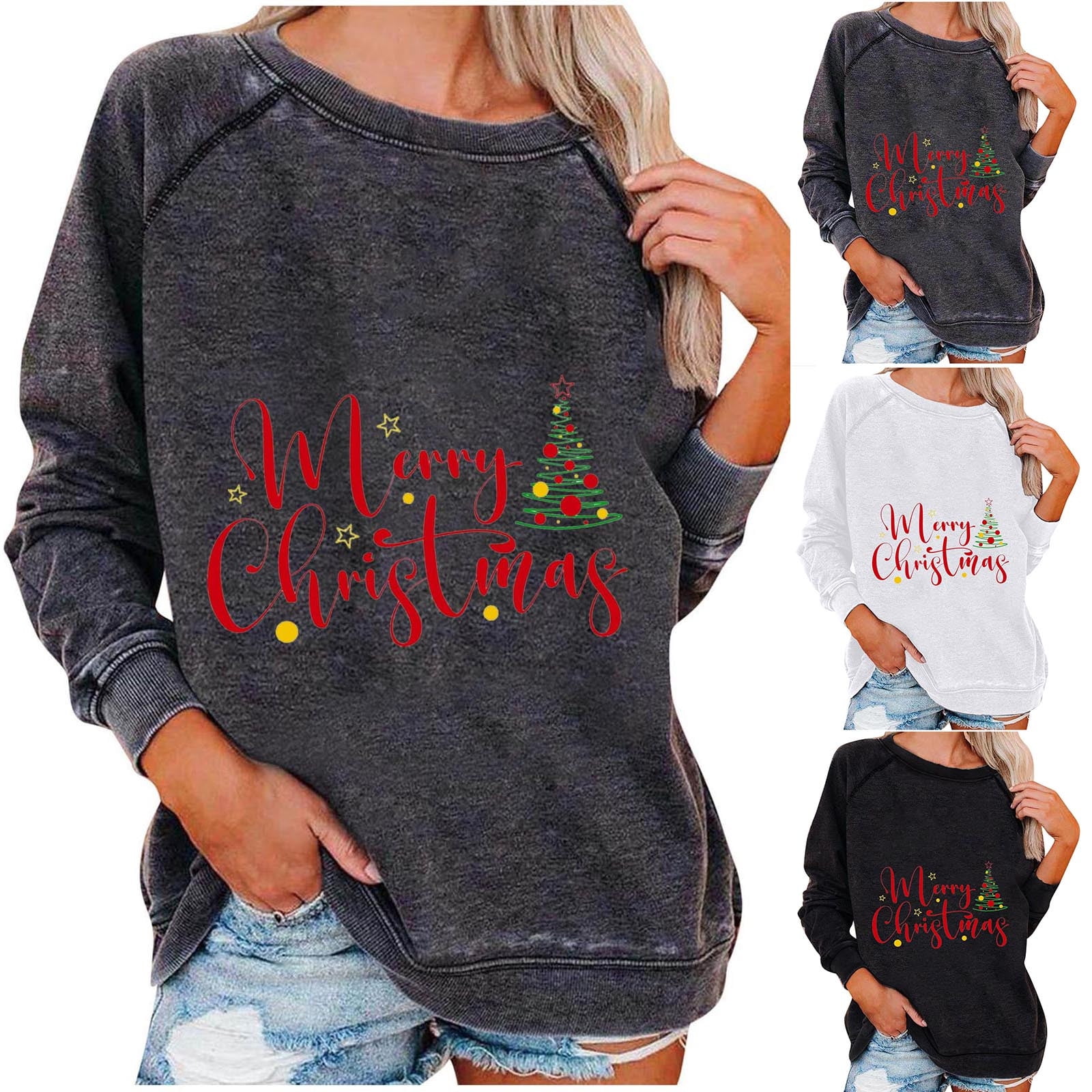 Womens Plus Size Christmas Tops Women Casual Full Sleeve Round Neck