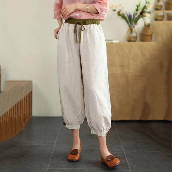 Womens Plus Size Clearance $5 Borniu Plus Size Pants for Women Casual Summer Drawstring Elastic High Waist Linen Pant Pockets Cropped Trouser