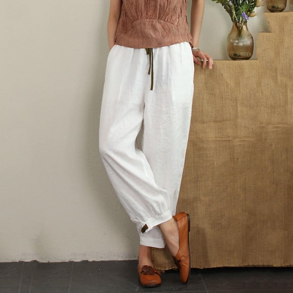 Womens Plus Size Clearance $5 Borniu Plus Size Pants for Women Casual Summer Drawstring Elastic High Waist Linen Pant Pockets Cropped Trouser