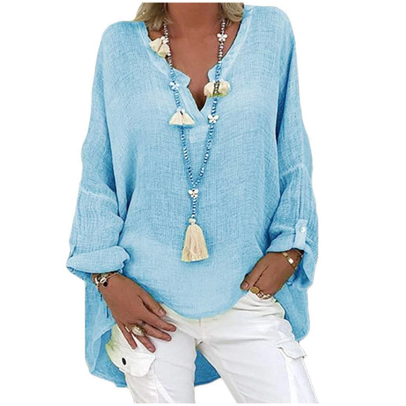 Giftesty Plus Size Women's Cotton Linen V-Neck Tunic, Loose Long Sleeve ...