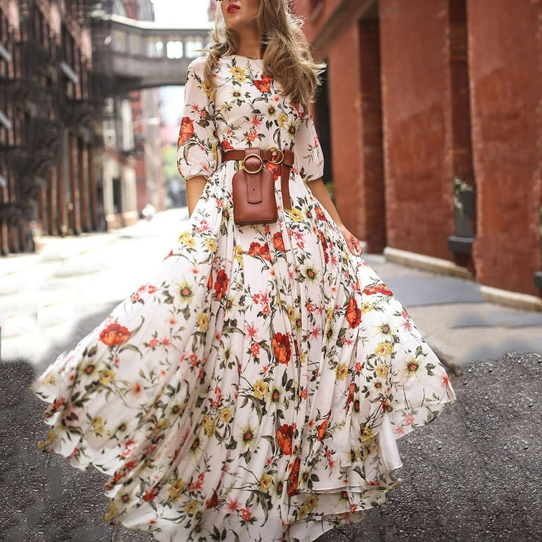 Womens Plus Size Clearance 5 Women Casual Half Sleeve Boho Dresses Swing Floral Printed Holiday Maxi Dresses