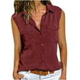 thumbnail image 1 of Womens Plus Size $5,Women Casual Solid Sleeveless Turn Down Collar Pockets Buttons Shirt Tops, 1 of 3