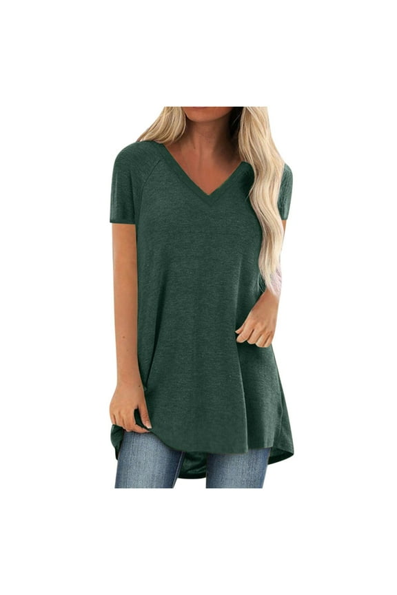 Womens Plus Size $5,Women Fashion Plus Size Print V Neck Short Sleeved Long T-shirt Blouse