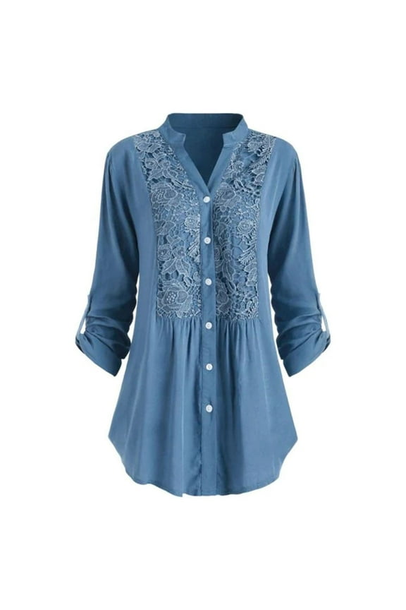 Womens Plus Size Women Ladies Large Size Button Lace V Neck Long Sleeve Shirt Blous