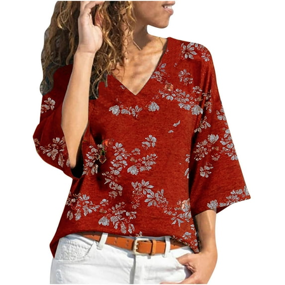 Womens Plus Size Clearance $5,Women Loose Floral Print Three Quarter Sleeve V-Neck T-Shirt Tops Blouse