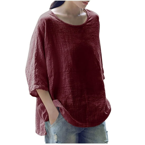 Womens Plus Size $5,Women O-Neck Solid Three Quarter Sleeve Cotton Tops Blouse T-shirt