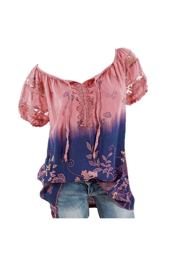 Womens Plus Size $5,Women Short Sleeve V-Neck Lace Printed Lace Tops Loose T-Shirt Blouse Tops