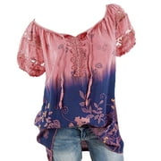 Womens Plus Size Clearance $5,Women Short Sleeve V-Neck Lace Printed Lace Tops Loose T-Shirt Blouse Tops