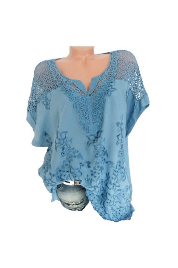 Womens Plus Size $5,Women Summer O-Neck Short Sleeve Hollow Out Solid Casual Blouse Top T-Shirt