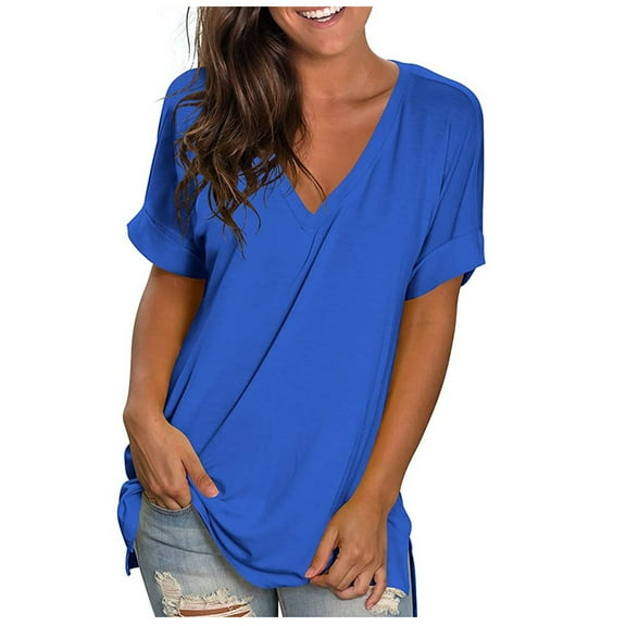 Womens Plus Size $5,Women's Casual Comfort V-Neck Solid Loose Fit Short Sleeve T-Shirt Tops