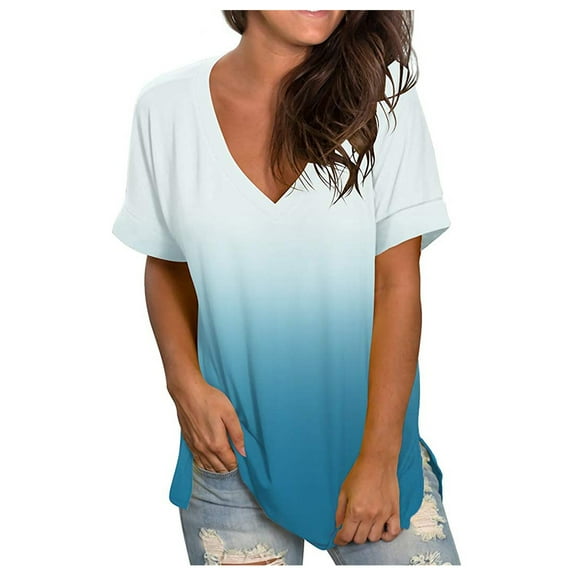 BVnarty Women's Top V-Neck Ombre Color Comfy Trendy Casual Loose Pullover Blouse Lightweight Short Sleeve Tunic Top For Leggings Light blue M