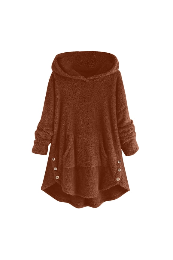Pullover Long Sleeve Fall Sweatshirts Plus Size Top Women Button Down Plush Outwear Swing Hem Coats Shacket Jacket Hooded Neck Solid Color Brown M