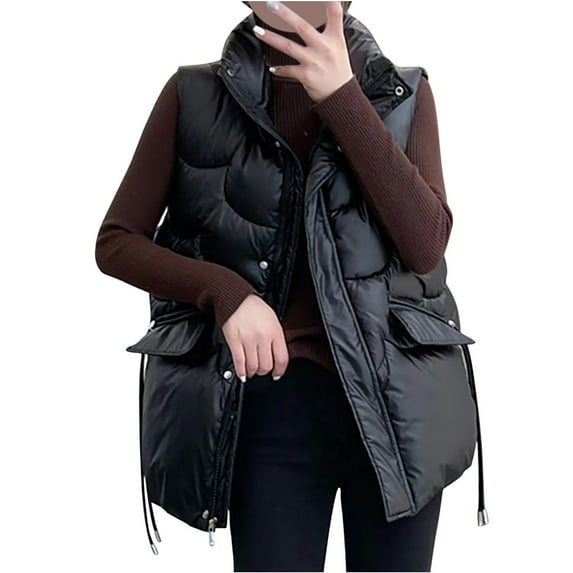 Womens Plus Size Clearance ! BVnarty Solid Color Hooded Neck Sleeveless Winter Coats Warm Pocket Zipper Buttons Long Vest Fall Fashion 2023 Shacket Jacket Women Tops Sueras Mujer Black XL
