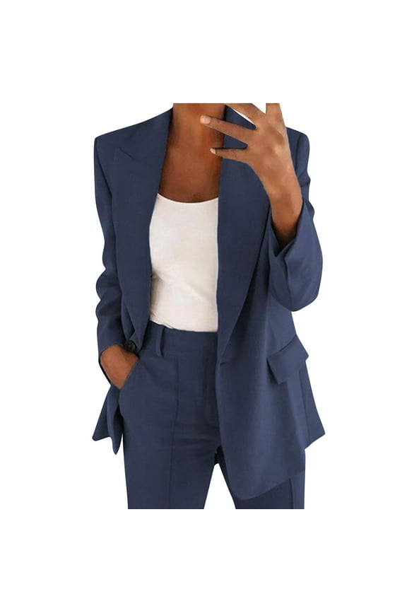 Women's Business Coat Solid Color Notched Lapel Long Sleeve Office Cardigans Suit Jacket Tops for Ladies Navy L