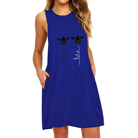 Womens Plus Size Fashion Womens O-Neck Pocket Printing Sleeveless Casual Nightdress Dresses Spring Summer Dresses For Women