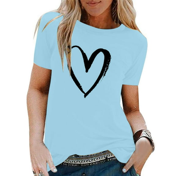 Womens Plus Size Tops Summer Heart Printing Short Sleeve Shirt Round -Neck Casual Tops Blouse