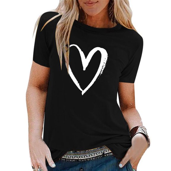 Womens Plus Size Tops Summer Heart Printing Short Sleeve Shirt Round -Neck Casual Tops Blouse