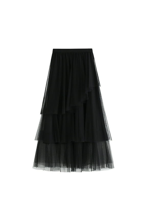 Womens Plus Size Solid Color Irregular Mesh Skirt Ball Cake Skirt Half-Length Skirt