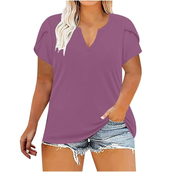 Womens Plus Size,Women Solid Color Shirts Short Sleeve Loose Plus Size Tee Tops V-Neck Tunic Blouse