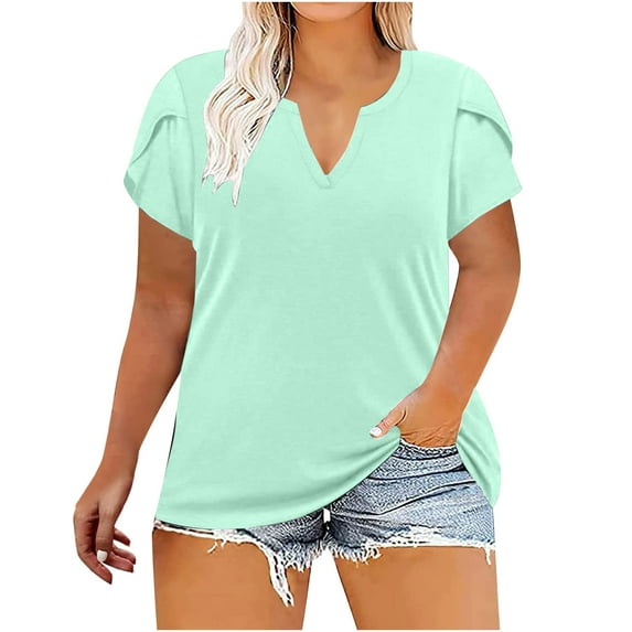 Womens Plus Size Solid Color Shirts Short Sleeve Loose Plus Size Tee Tops V-Neck Tunic Blouse