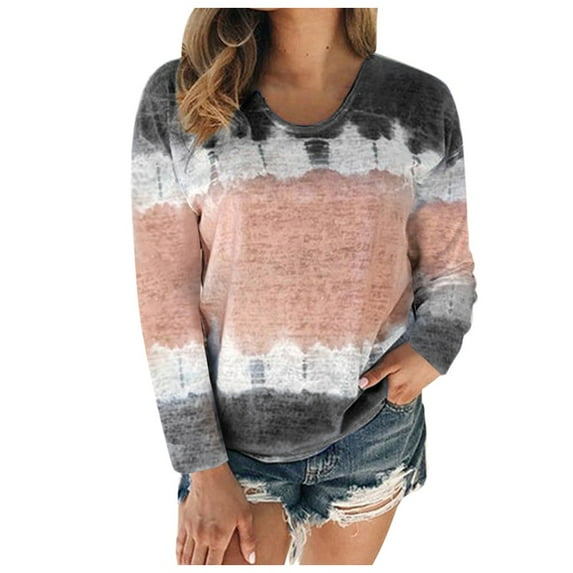 Giftesty Womens Plus Size Clearance Women's Color Block Tie-Dye Patchwork Crew-Neck T-Shirt Casual Tee Tops(S-5XL)