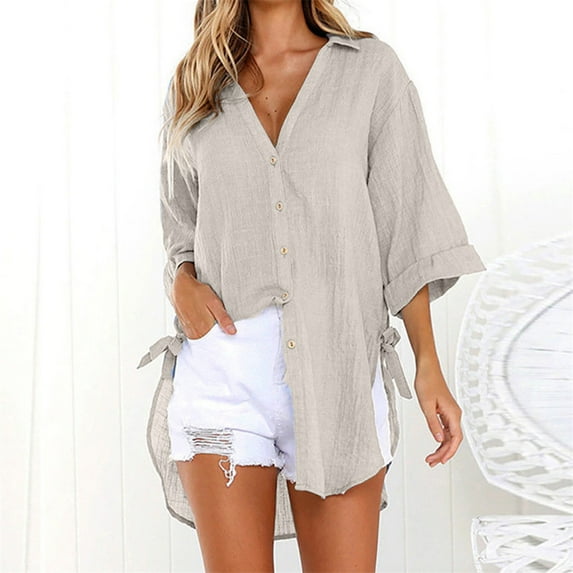 Womens Plus Size Loose Button Long Shirt Dress Cotton Ladies Casual Tops T-Shirt Blouse