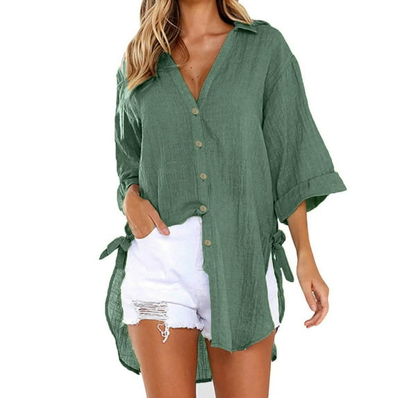 Womens Plus Size Loose Button Long Shirt Dress Cotton Ladies Casual Tops T-Shirt Blouse