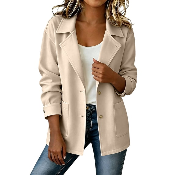 Womens Plus Size Coat Spring Autumn Casual Button-Down Pocket Long-Sleeved Windbreaker Coat