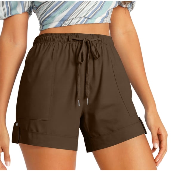 ZQUUVOU Womens Plus Size Comfy Drawstring Casual Elastic Waist Pocket Loose Shorts Pants Coffee