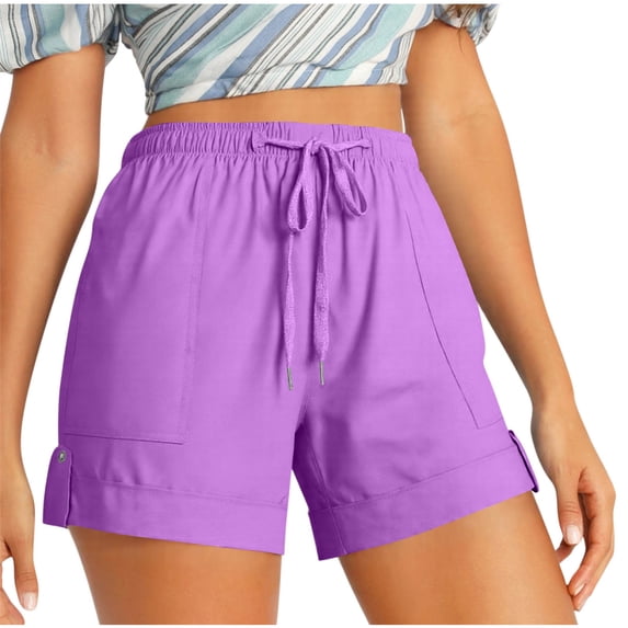 ZQUUVOU Womens Plus Size Comfy Drawstring Casual Elastic Waist Pocket Loose Shorts Pants Purple