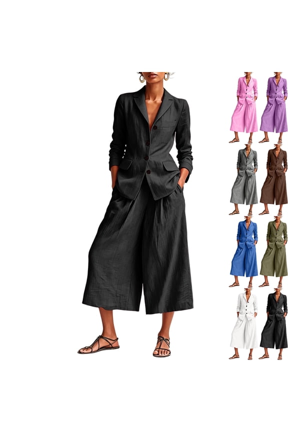 Womens Plus Size Cotton Linen 2-Piece Business Suit Set Long Sleeve Single Button Blazer & Wide Leg Cropped Pants